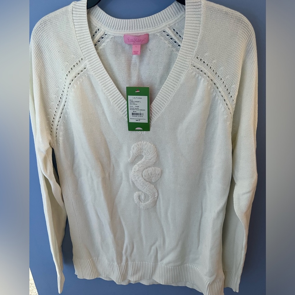 Lilly Pulitzer White V-neck Cotton Seahorse Sweater Size L NWT